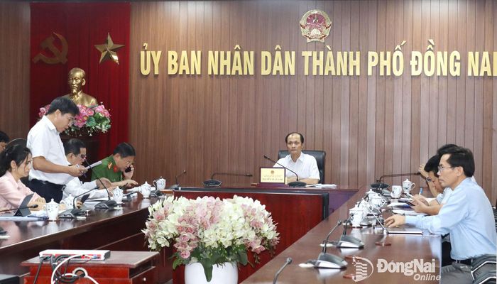 Đại diện Văn phòng Đăng ký đất đai thành phố Đồng Nai báo cáo tại cuộc họp. Ảnh: Hoàng Lộc