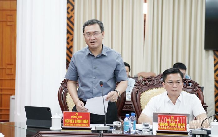 Đồng chí Nguyễn Cảnh Toàn, Phó Bí thư Tỉnh ủy, Chủ tịch UBND tỉnh, Phó Trưởng Ban Thường trực BCĐ phát biểu tại hội nghị