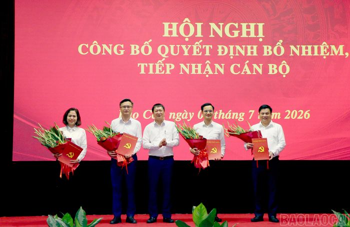 Đồng chí Nguyễn Hữu Hải - Phó Chánh Thường trực Văn phòng Tỉnh ủy trao quyết định cho các đồng chí được bổ nhiệm giữ chức vụ mới.