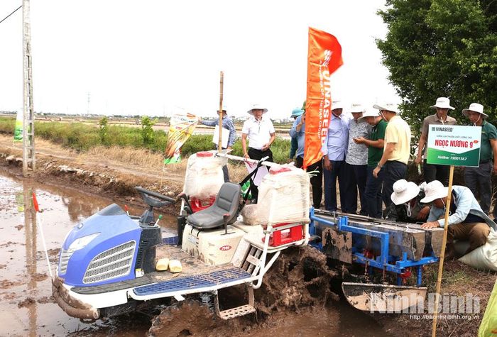 Các đại biểu tham quan, tìm hiểu việc vận hành máy sạ cụm định vị kết hợp vùi phân bón tại xã Xuân Trường.