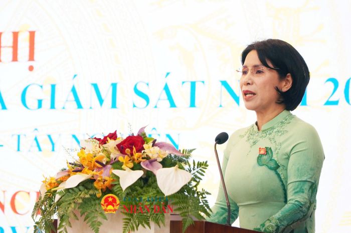 Phó Chủ nhiệm Ủy ban Dân nguyện và Giám sát Trần Thị Nhị Hà trình bày tham luận tại Hội nghị