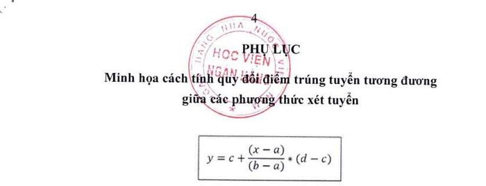 Công thức minh họa cách tính điểm trúng tuyển tương đương giữa các phương thức xét tuyển