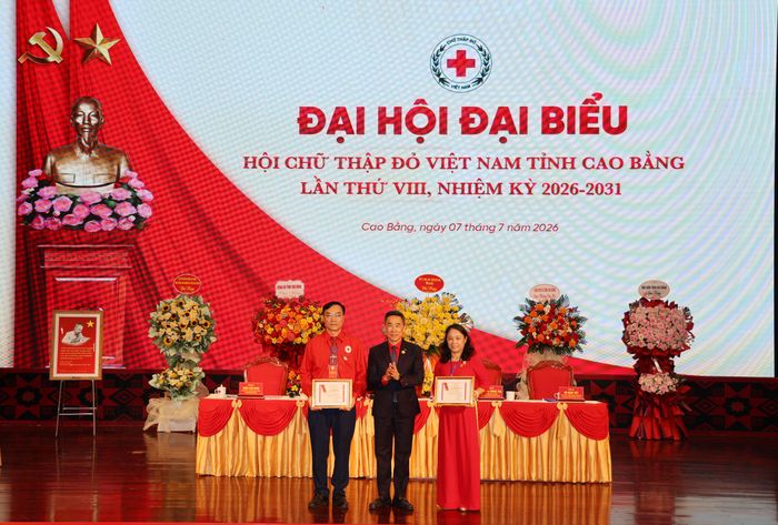 Phó Chủ tịch, Tổng Thư ký Trung ương Hội Chữ Thập đỏ Việt Nam Nguyễn Hải Anh trao Kỷ niệm chương cho các cá nhân.