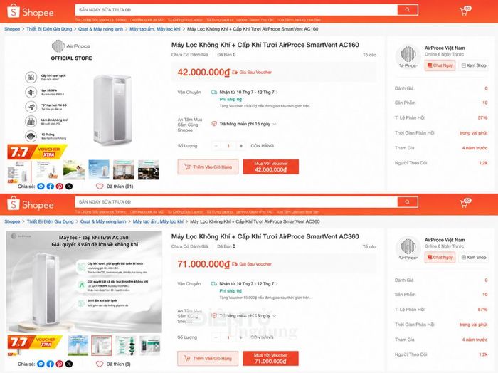 Quảng cáo máy lọc không khí với hiệu quả diệt khuẩn virus H1N1, lọc bụi mịn PM 0.3 lên đến 99,99%... trên nền tảng Shopee