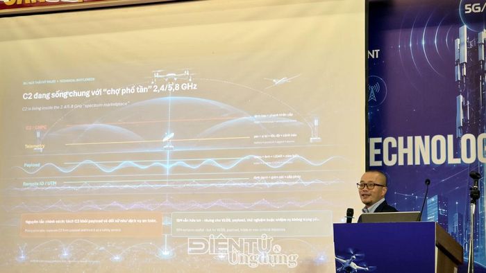 Ông Trần Thiên Phương, Phó chủ tịch Mạng lưới Hàng không vũ trụ UAV Việt Nam kiêm Tổng giám đốc Mismart chia sẻ tại Hội Thảo.