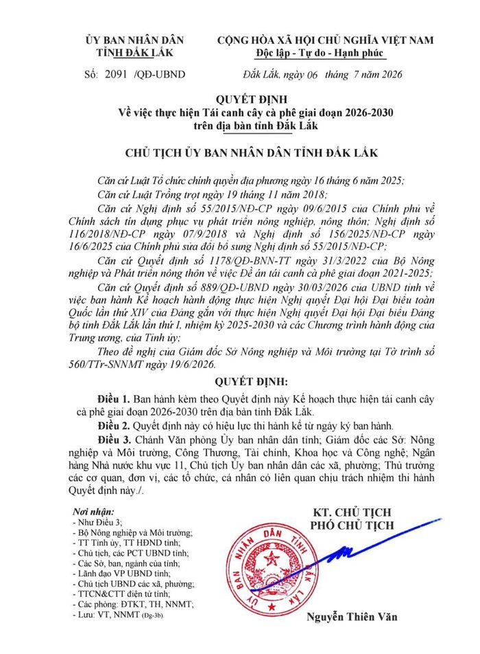 Quyết định của UBND tỉnh Đắk Lắk về việc thực hiện tái canh cây cà phê giai đoạn 2026–2030, tạo cơ sở pháp lý thúc đẩy phát triển bền vững ngành cà phê địa phương.