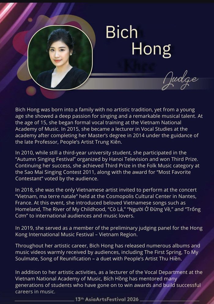 Trang thông tin chính thức của cuộc thi giới thiệu về Giám khảo - ca sĩ Bích Hồng