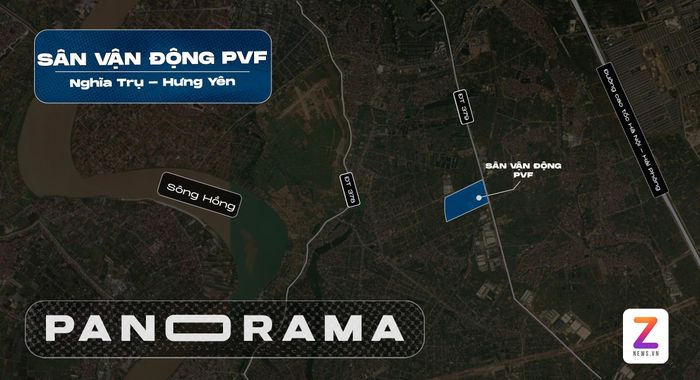  SVĐ PVF được xây dựng ngay cạnh Trung tâm Đào tạo Bóng đá trẻ PVF tại xã Nghĩa Trụ, tỉnh Hưng Yên Ảnh: Google Maps - Đồ họa: Việt Linh. 