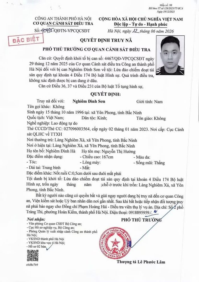  Quyết định truy nã bị can Nghiêm Đình Sơn. 