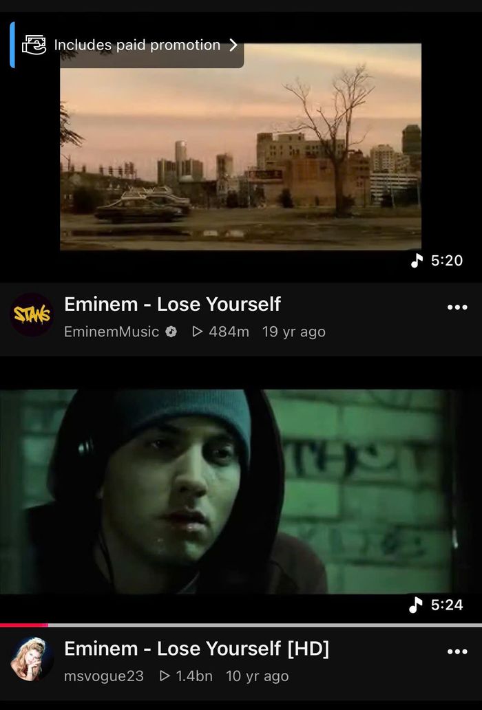  MV Without Me trên kênh YouTube chính thức của Eminem đạt khoảng 494 triệu lượt xem, trong khi một bản đăng lại từ tài khoản khác vượt mốc hơn 1,4 tỷ lượt xem. Ảnh: YouTube. 