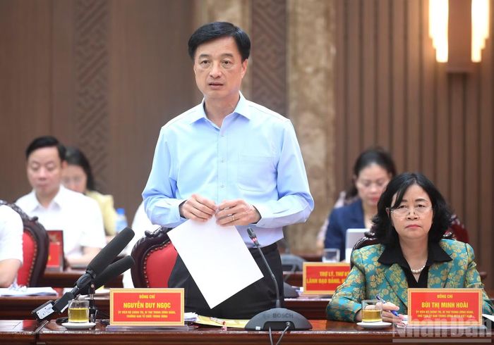 Đồng chí Nguyễn Duy Ngọc, Ủy viên Bộ Chính trị, Bí thư Trung ương Đảng, Trưởng ban Tổ chức Trung ương phát biểu tại cuộc làm việc.