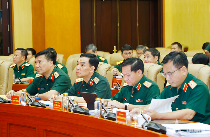Các đại biểu dự hội nghị tại điểm cầu Sở chỉ huy Bộ Quốc phòng.