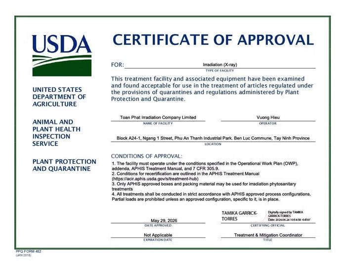 Chứng nhận của APHIS (USDA) chấp thuận bổ sung công nghệ X-ray trong xử lý trái cây xuất khẩu sang Mỹ cho Nhà máy Chiếu xạ Toàn Phát.