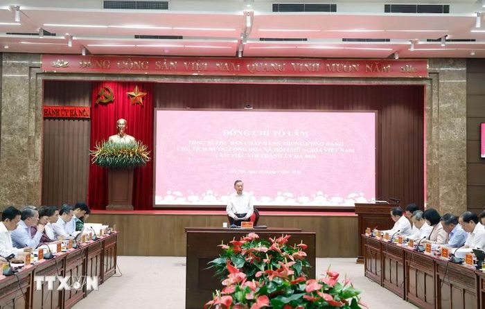 Tổng Bí thư, Chủ tịch nước Tô Lâm chủ trì cuộc làm việc với Thành ủy Hà Nội.(Ảnh: Thống Nhất/TTXVN)