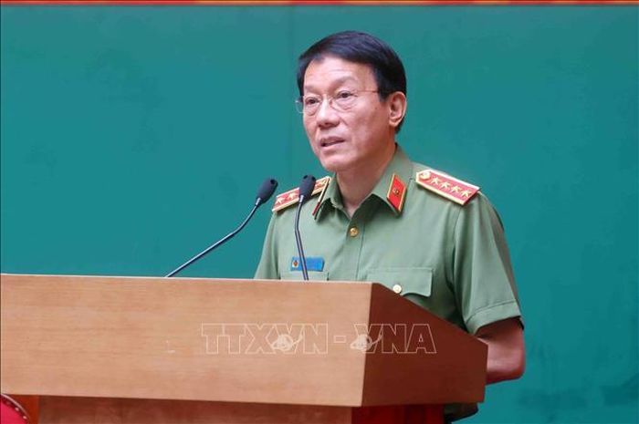 Đại tướng Lương Tam Quang, Ủy viên Bộ Chính trị, Bí thư Đảng ủy Công an Trung ương, Bộ trưởng Bộ Công an phát biểu. Ảnh: Phạm Kiên/TTXVN