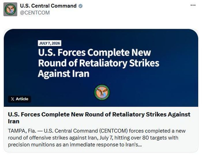 Ảnh chụp màn hình bài đăng của CENTCOM về chiến dịch tại Iran.