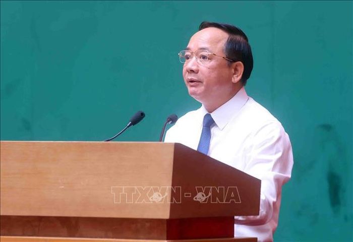 Đồng chí Trịnh Văn Quyết, Ủy viên Bộ Chính trị, Bí thư Trung ương Đảng, Trưởng Ban Tuyên giáo và Dân vận Trung ương phát biểu. Ảnh: Phạm Kiên/TTXVN