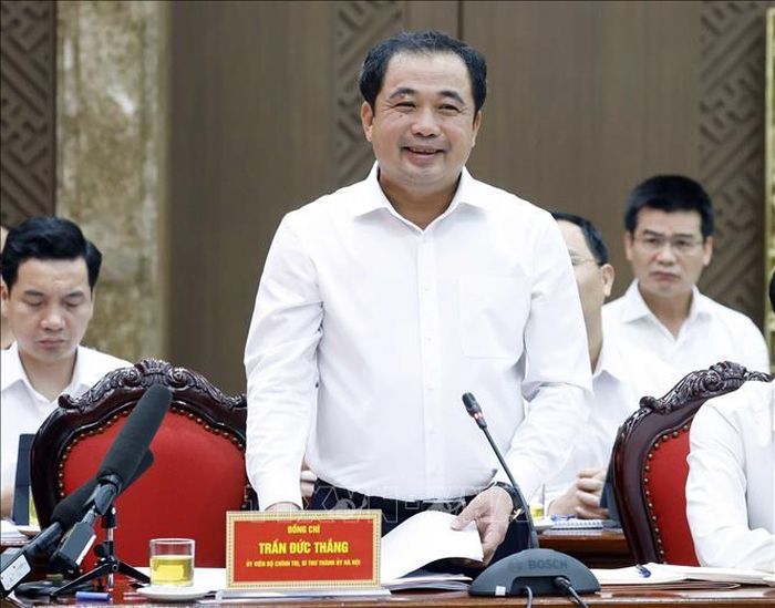 Đồng chí Trần Đức Thắng, Ủy viên Bộ Chính trị, Bí thư Thành ủy Hà Nội phát biểu. Ảnh: Thống Nhất/TTXVN