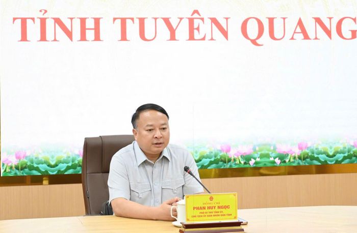 Phó Bí thư Tỉnh ủy, Chủ tịch UBND tỉnh Tuyên Quang Phan Huy Ngọc phát biểu tại cuộc họp.