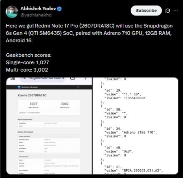 Redmi Note 17 Pro lộ hiệu suất ấn tượng trên Geekbench