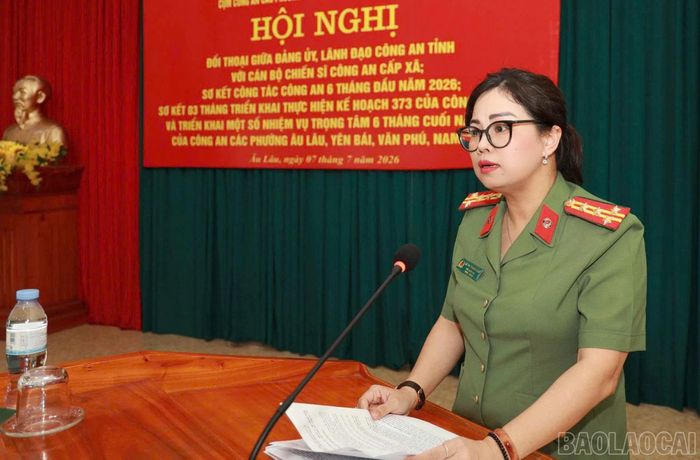 Đại tá Lê Thị Thanh Hằng - Phó Giám đốc Công an tỉnh phát biểu kết luận hội nghị.