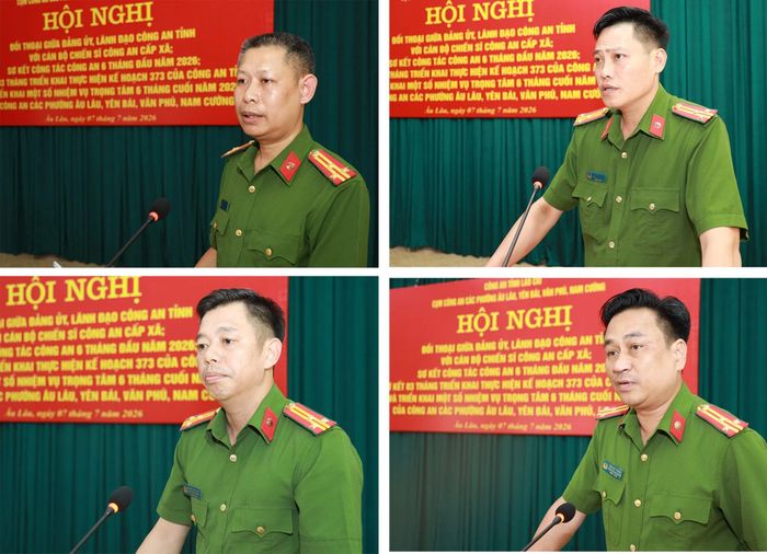 Trưởng Công an các phường Âu Lâu, Yên Bái, Văn Phú, Nam Cường báo cáo kết quả công tác 6 tháng đầu năm 2026, phản ánh những khó khăn, vướng mắc trong quá trình thực hiện nhiệm vụ tại cơ sở.