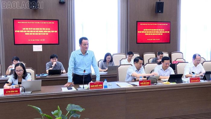 Đồng chí Giàng Quốc Hưng - Phó Chủ tịch UBND tỉnh Lào Cai phát biểu tại buổi làm việc.
