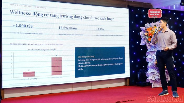 Ông Đào Đức Long - Phó Chủ tịch Hiệp hội Du lịch tỉnh Lào Cai, Giám đốc Khu nghỉ dưỡng Garrya Mu Cang Chai giới thiệu ý tưởng phát triển du lịch Wellness vành đai Văn Chấn - Nghĩa Lộ - Tú Lệ - Mù Cang Chải - Văn Yên.