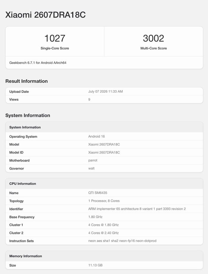 Kết quả thử nghiệm của Xiaomi Redmi Note 17 trên Geekbench.