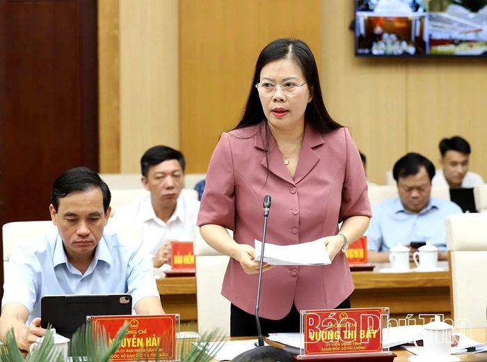 Giám đốc Sở Tài chính Vương Thị Bẩy báo cáo tại hội nghị.