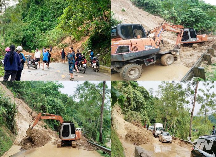 Công ty Quản lý đường bộ Bắc Kạn huy động máy móc san gạt hơn 50m3 đất đá để thông tuyến, đảm bảo giao thông.