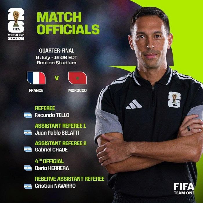 Danh sách tổ trọng tài điều khiển trận tứ kết World Cup 2026 giữa Pháp và Morocco. Ảnh: FIFA