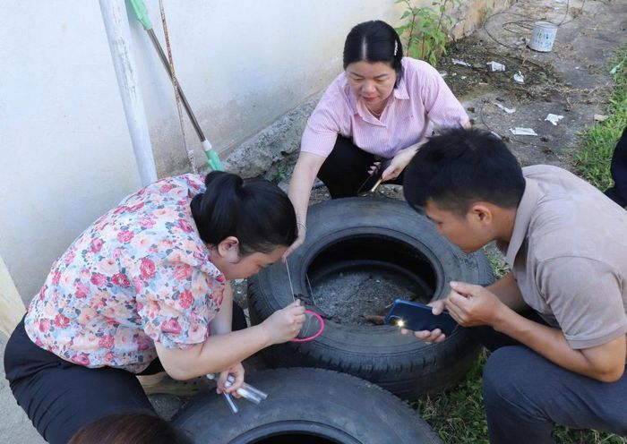 Viên chức Trung tâm Kiểm soát bệnh tật tỉnh lấy mẫu muỗi, bọ gậy tại xóm 4, xã Bảo Lâm. Ảnh: Trọng Thụ