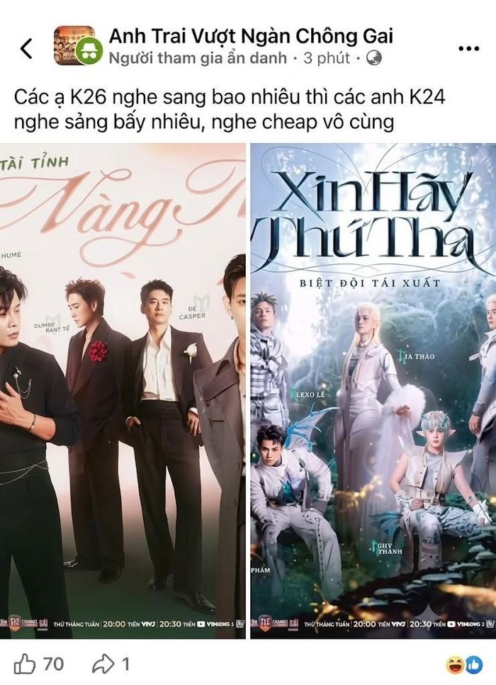 Nội dung bài đăng bị khán giả phản ứng mạnh mẽ về khâu duyệt nội dung. K24 là cách viết tắt để chỉ các nghệ sĩ đã từng tham gia mùa 1 của chương trình. Ảnh chụp màn hình