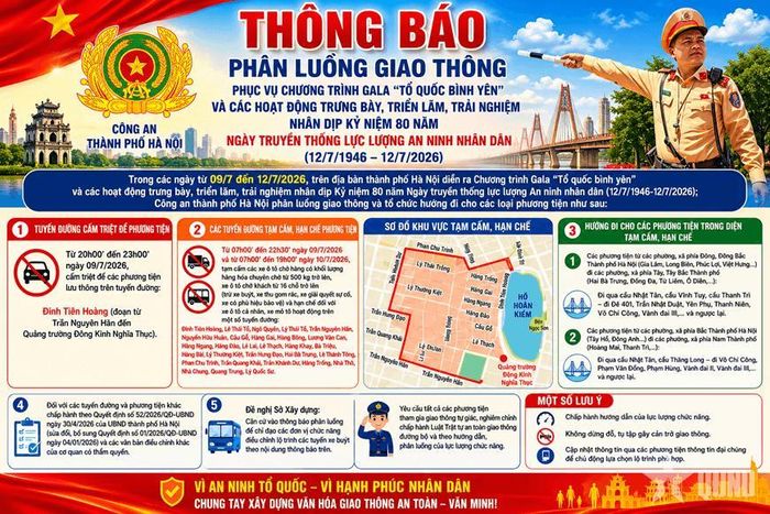 Thông báo phân luồng của Công an thành phố Hà Nội phục vụ chương trình kỷ niệm.