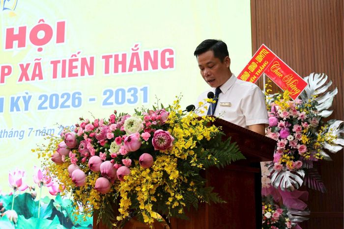 Chủ tịch Hội Doanh nghiệp xã Tiến Thắng, nhiệm kỳ 2026-2031 Triệu Văn Ba phát biểu tại Đại hội. Ảnh: PV