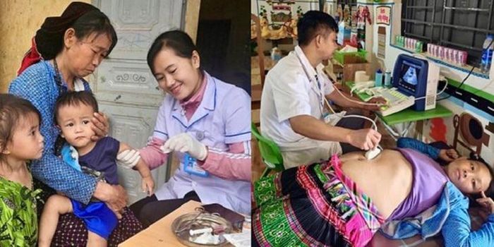 Cán bộ y tế xuống thôn thực hiện tiêm chủng cho trẻ (ảnh trái) và hình ảnh cán bộ y tế khám siêu âm tại thôn Lũng Lình. Ảnh: T.H.