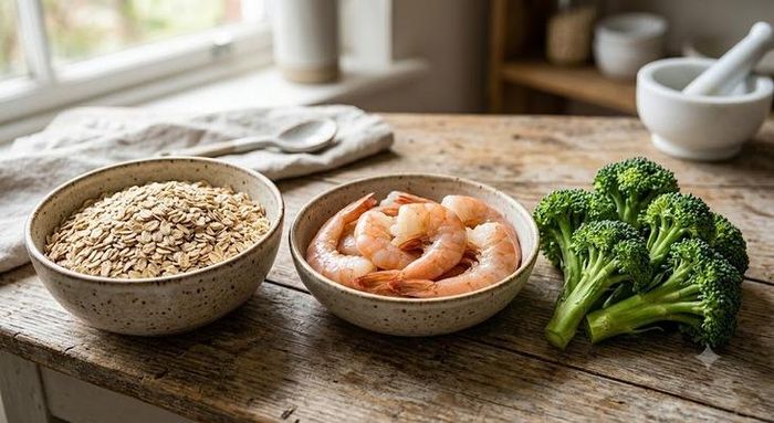 Yến mạch kết hợp với tôm và bông cải xanh.