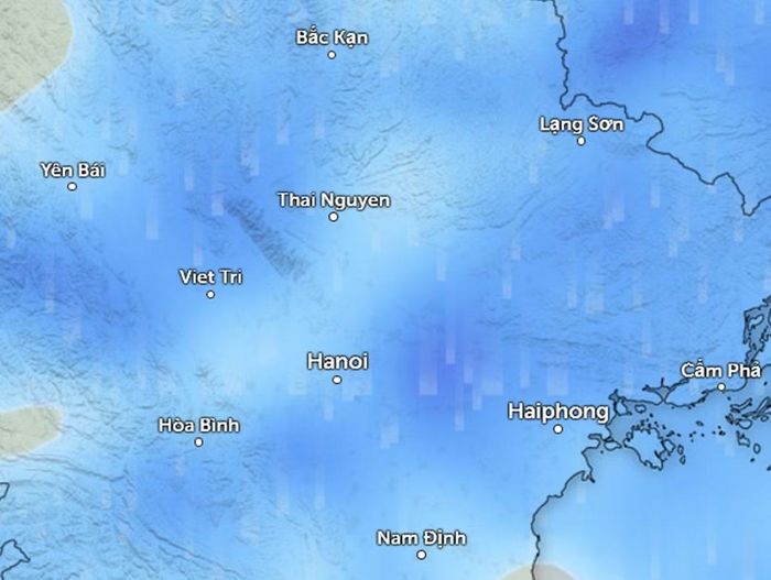 Dự báo mưa (những vùng màu xanh da trời) ở một số khu vực tại miền Bắc chiều đến chiều tối nay, 9/7. Ảnh: Zoom Earth, OpenStreetMap, ICON.