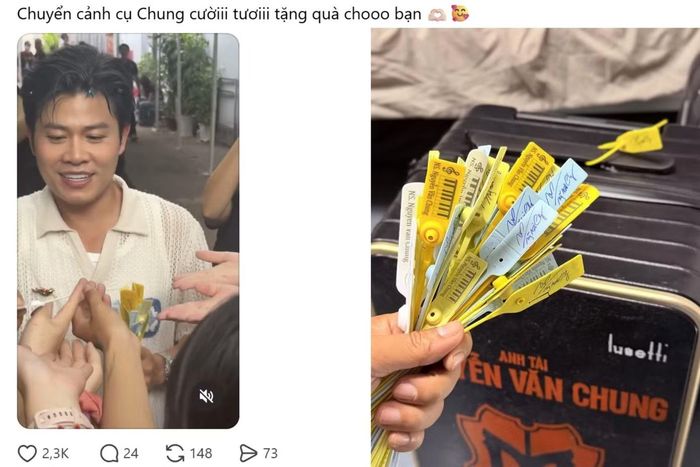  "Cụ" Chung mang seal kiện hàng làm quà tặng cho khán giả. 