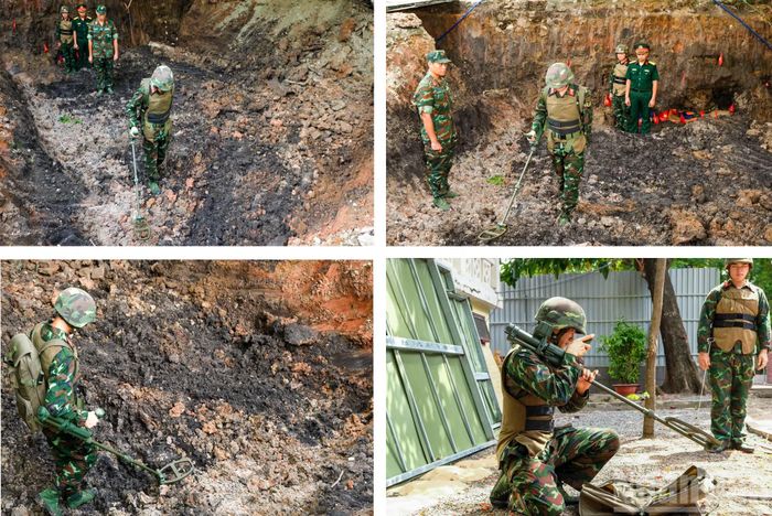Lực lượng công binh rà quét bom, mìn trong quá trình mở rộng hố đào.