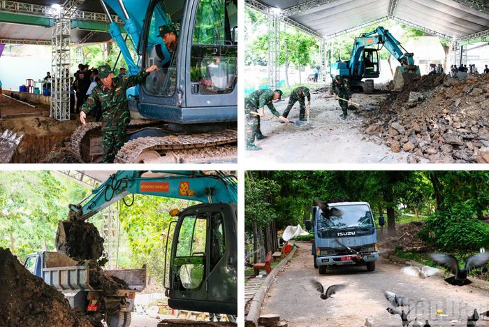 Công tác đào tay bằng xẻng, thực hiện theo từng lớp mỏng. Mỗi dấu hiệu bất thường đều được kiểm tra thủ công.