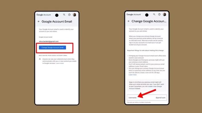 Trong trường hợp xuất hiện nút Change Google Account email, người dùng chỉ cần nhập địa chỉ email mới mong muốn, xác nhận theo hướng dẫn của hệ thống và hoàn tất quá trình đổi tên, trong khi địa chỉ cũ có thể vẫn được duy trì như một địa chỉ thay thế nhằm tránh bỏ lỡ các thư điện tử quan trọng.