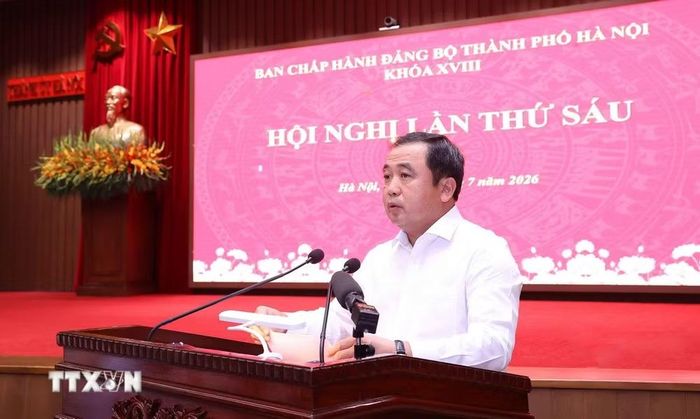 Bí thư Thành ủy Hà Nội Trần Đức Thắng phát biểu khai mạc hội nghị. (Ảnh: Văn Điệp/TTXVN)