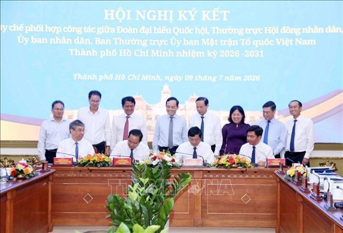Ông Trần Lưu Quang (thứ 4, từ trái sang), Ủy viên Bộ Chính trị, Bí thư Thành ủy TP Hồ Chí Minh, Trưởng đoàn Đoàn đại biểu Quốc hội TP Hồ Chí Minh chứng kiến lễ ký kết.