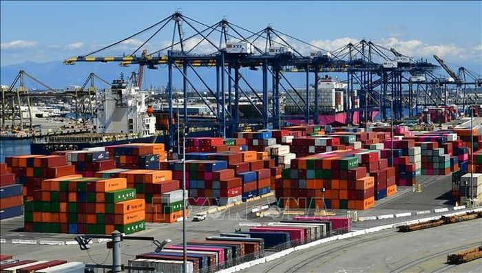 Container hàng hóa được xếp tại cảng Los Angeles, Mỹ. Ảnh tư liệu: AFP/TTXVN