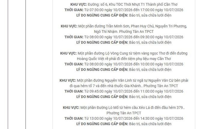 Lịch ngừng cấp điện tại Cần Thơ ngày mai 10/7 được cập nhật ngày 9/7 tại website của EVNSPC. Ảnh: BNEWS phát
