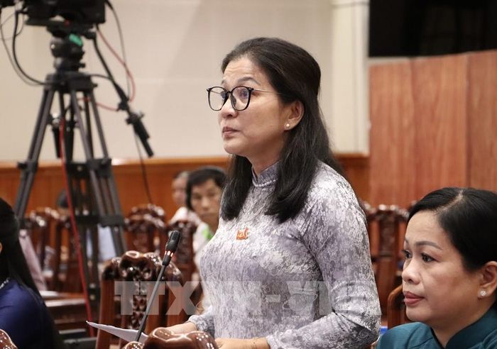 Đại biểu Lê Thị Hồng Phượng chất vấn UBND tỉnh Đồng Tháp về các vấn đề liên quan tuyến đường quốc lộ 30 Cao Lãnh - An Hữu. Ảnh: Hồng Nhung - TTXVN