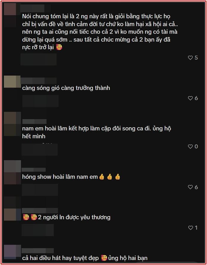 Sau tất cả, khán giả chúc mừng cho hạnh phúc của Nam Em và Hoài Lâm khi vẫn được đón nhận trên các sân khấu ca nhạc.