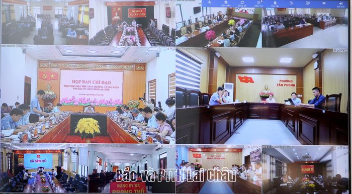 Cuộc họp được kết nối trực tuyến từ điểm cầu tỉnh đến các xã, phường. 